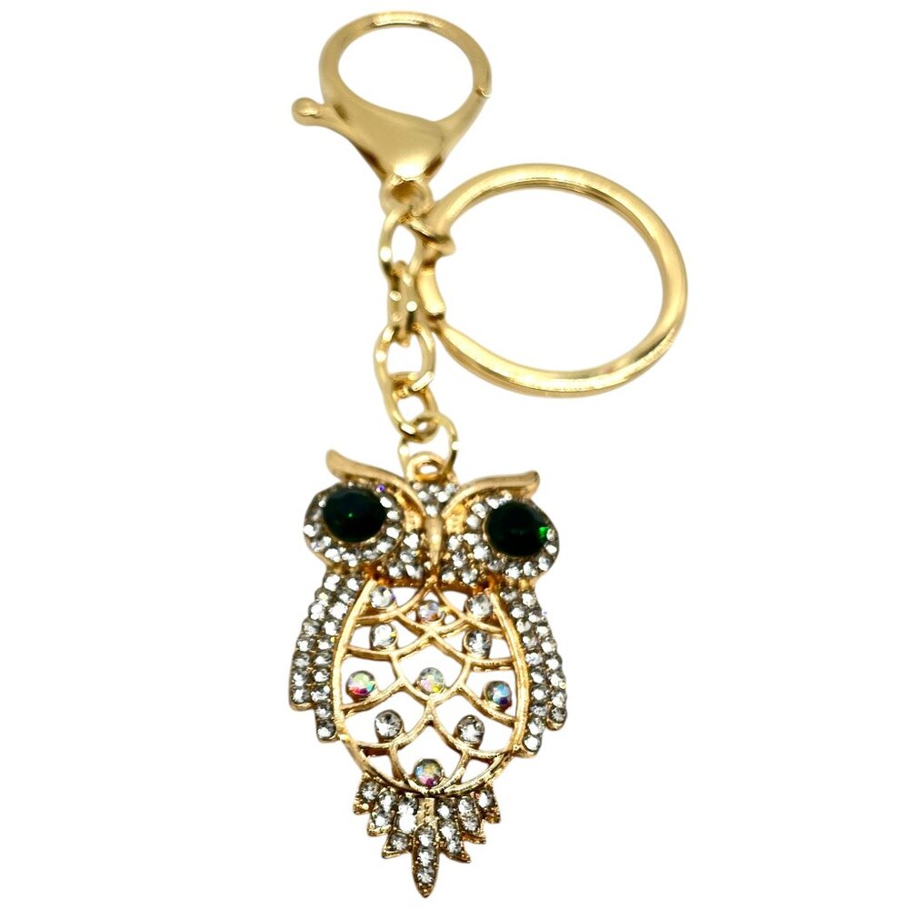 3/$30 GOLD OWL KEYCHAIN RHINESTONE CRYSTAL GREEN EYES BAG CHARM GIFT BLING NWT